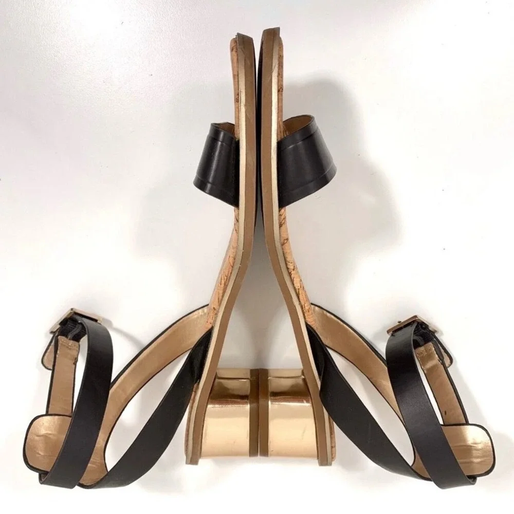 Circus by Sam Edelman Tate Black Ankle Strap Gold Block Heel Sandals 10.5WW